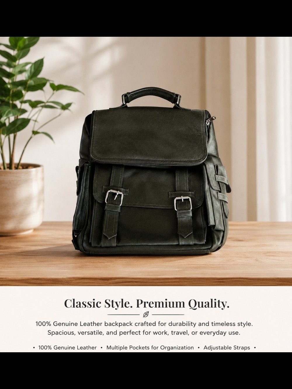 Olive Green Leather Laptop Backpack - Classic Style